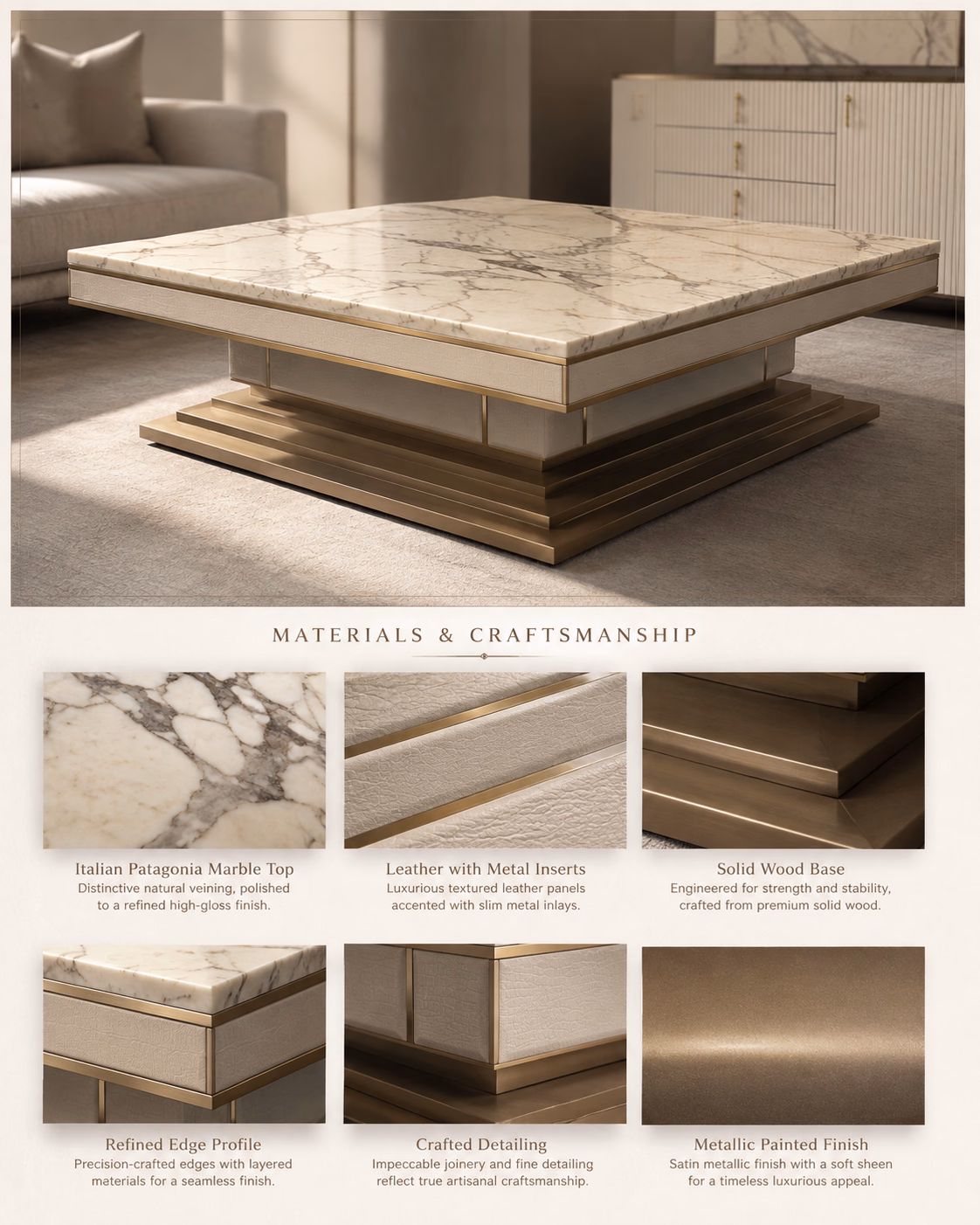 Materials and craftsmanship sheet for the Designatore Patagonia marble centre table, showing the Italian Patagonia marble top, the leather panels with metal inserts, the solid wood base and the satin metallic painted finish, with close-ups of the refined edge profile and the stepped plinth.