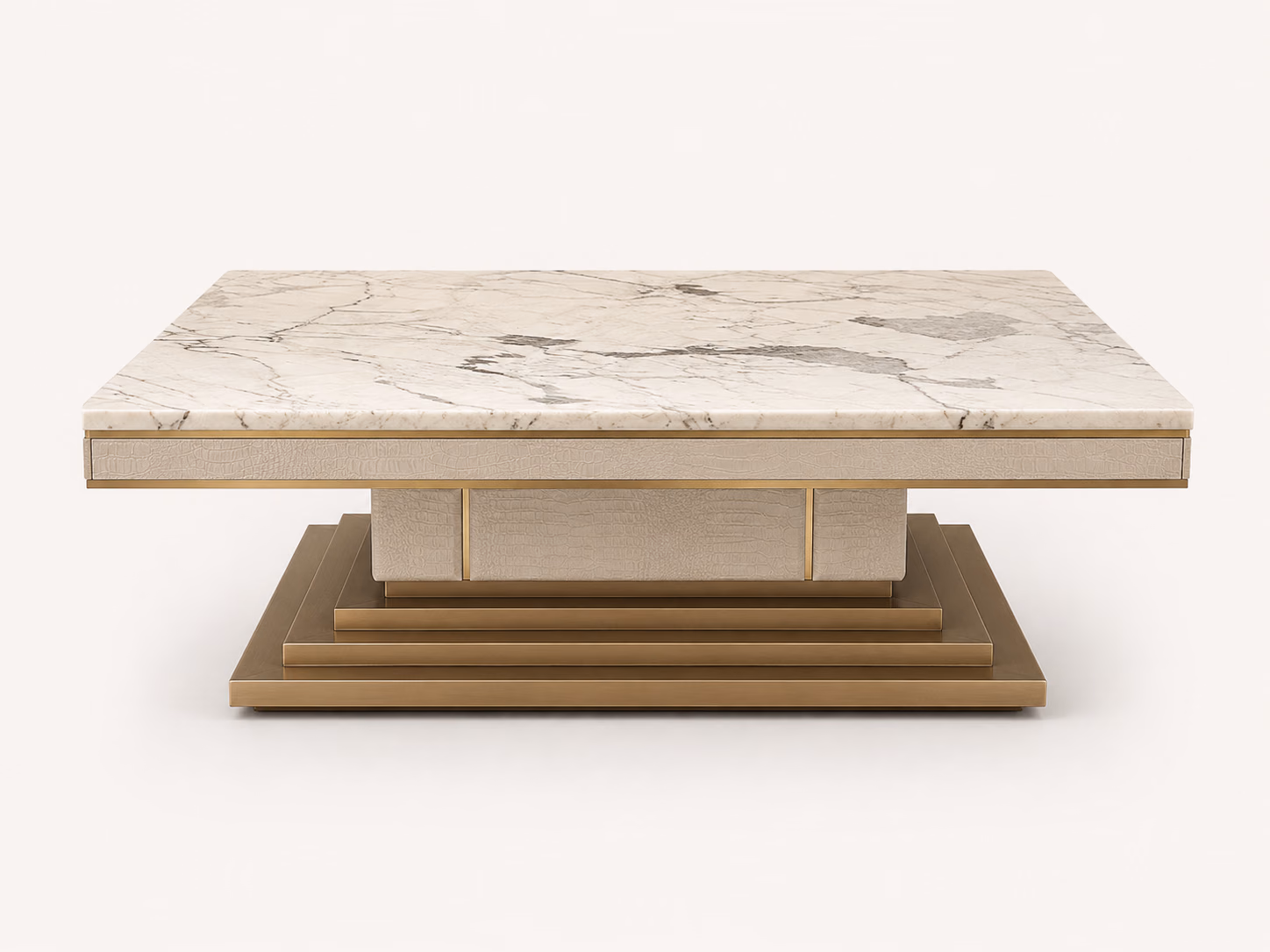 Designatore square centre table shown alone, with a thick Italian Patagonia marble top in cream and grey veining, a body panelled in textured cream leather with slim metal inlays, and a stepped metallic plinth base.