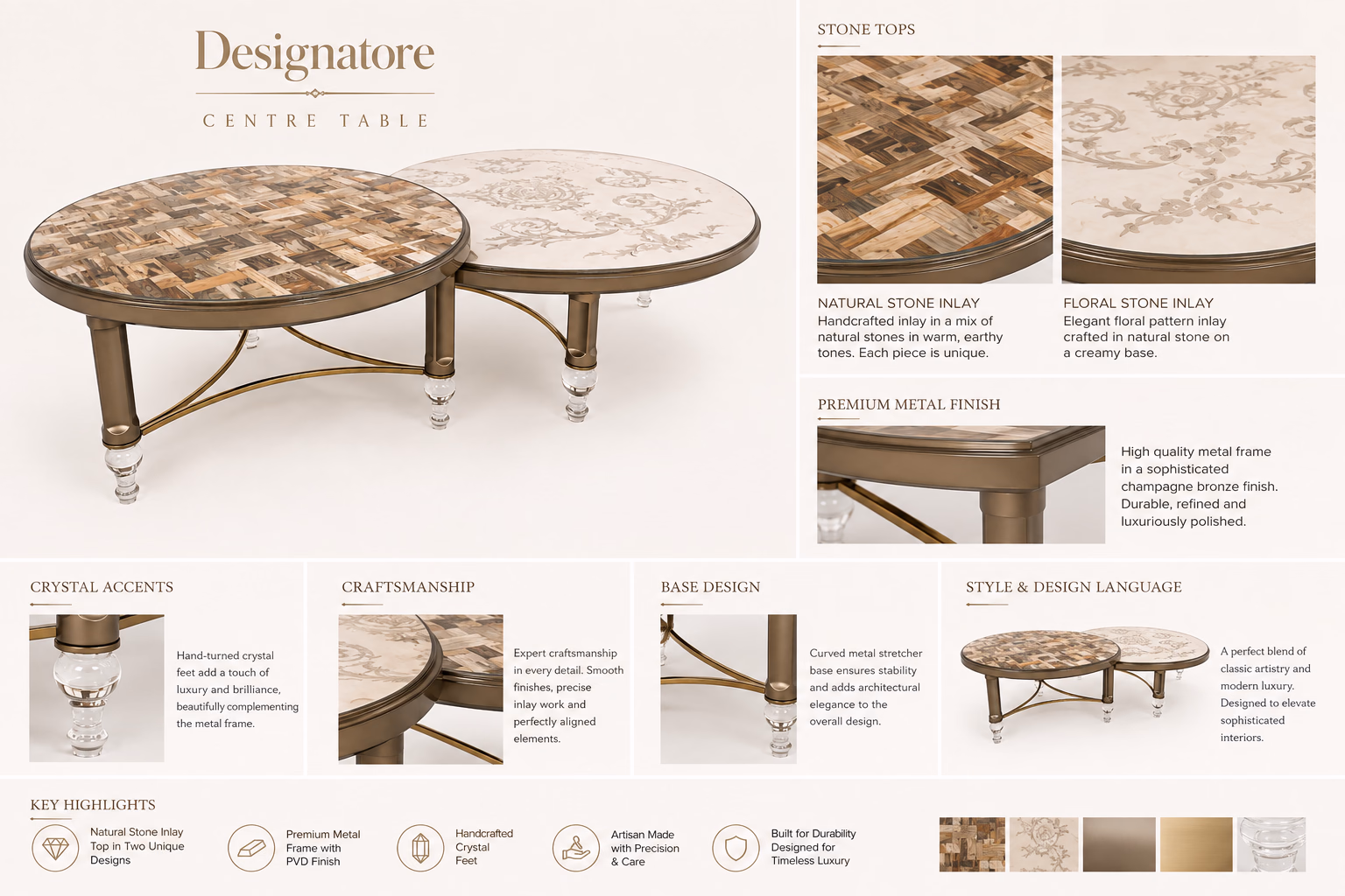 Materials sheet for the Designatore nesting centre tables, showing the natural stone inlay top, the floral stone inlay top and the champagne bronze PVD metal frame, with close-ups of the hand-turned crystal feet, the inlay work and the curved metal stretcher base.
