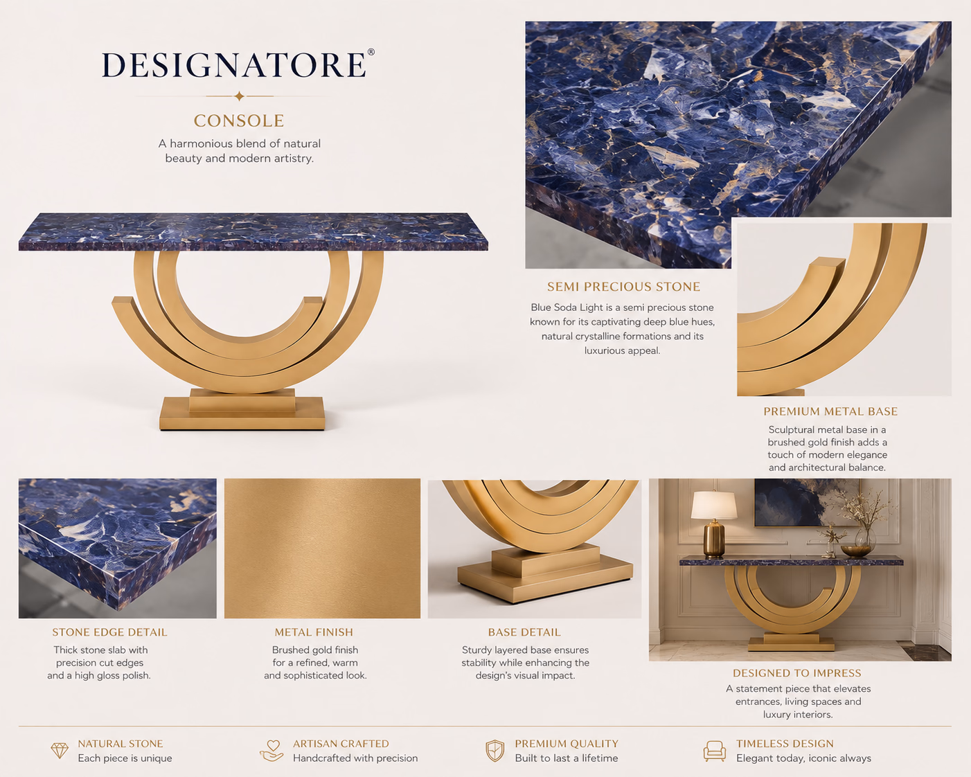 Materials sheet for the Designatore Blue Soda Light console, showing the deep blue semi-precious stone with crystalline formations, the brushed gold metal base finish, the precision-cut stone edge and the layered base detail.