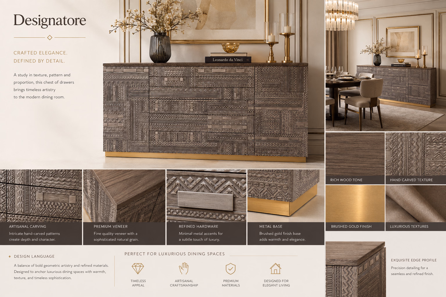 Materials and design sheet for the Designatore hand-carved console chest, showing the rich wood tone, the hand carved texture, the brushed gold finish and the luxurious textures, with close-ups of the artisanal carving, the premium veneer grain, the refined hardware and the metal base.