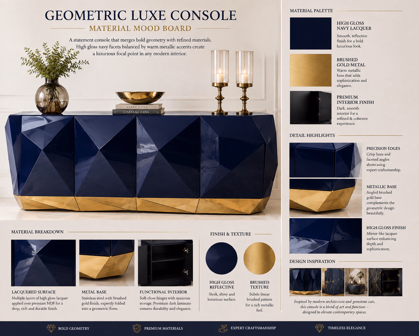 Materials sheet for the Designatore navy gloss console table, showing the high-gloss navy lacquer finish, the brushed gold metal base and the interior finish, with close-ups of the geometric front profile and the mirror-like lacquer surface.
