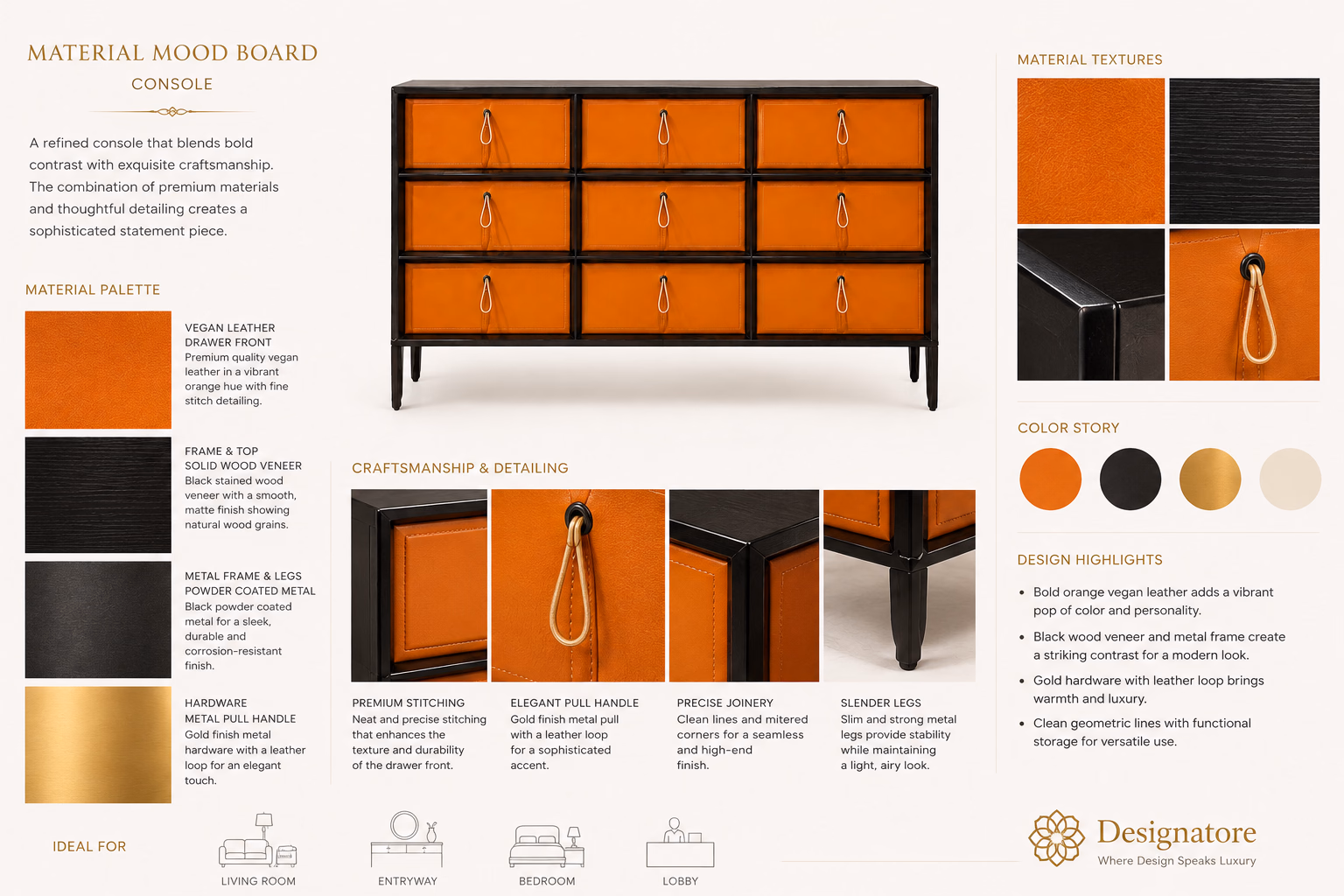 Materials sheet for the Designatore orange vegan leather console, showing the vegan leather swatch, the black stained wood veneer, the powder-coated metal frame and the gold pull hardware with leather loop, plus close-ups of the drawer front stitching and the leg detail.