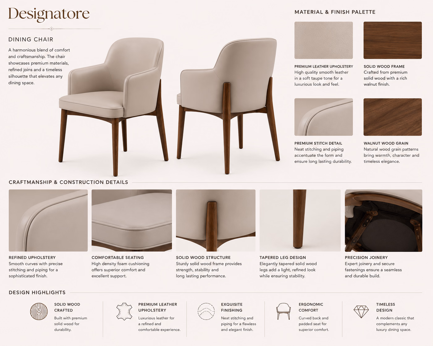 Material and craftsmanship sheet for the Designatore taupe leather dining chair, showing front and back views, swatches for the leather upholstery, solid walnut frame, stitch detail and wood grain, with close-ups of the piping, cushioning, tapered leg and joinery.