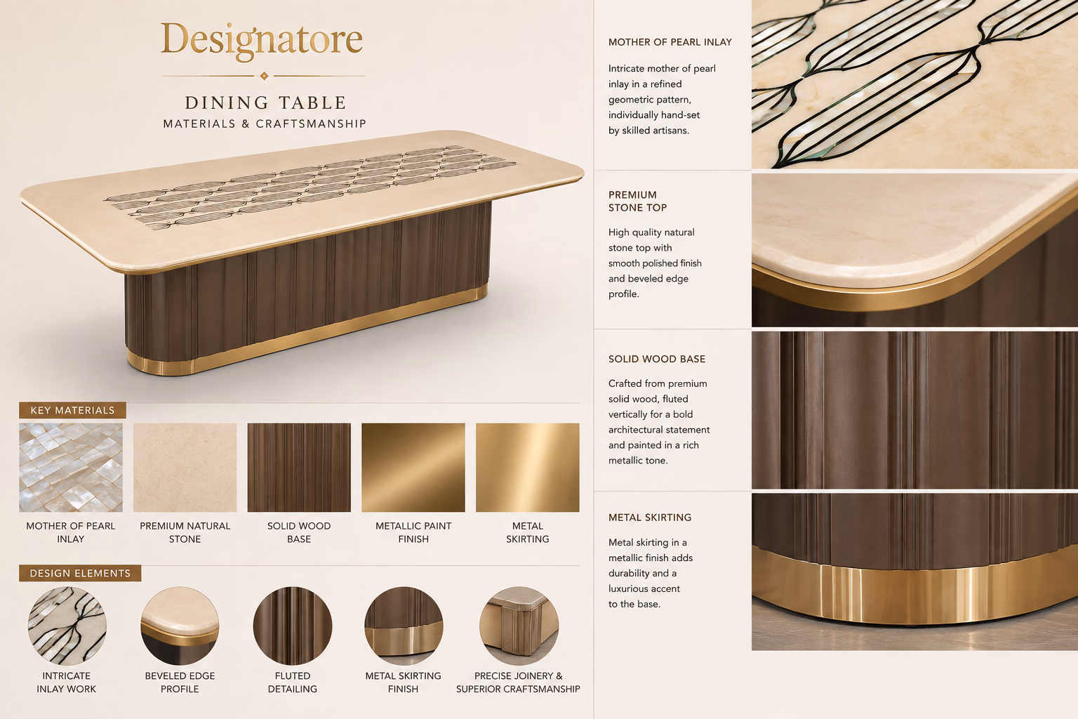 Materials and craftsmanship sheet for the Designatore mother-of-pearl inlay dining table, showing swatches for the pearl inlay, natural stone, solid wood base, metallic paint finish and metal skirting, with close-ups of the inlay work, bevelled stone edge and brass base trim.