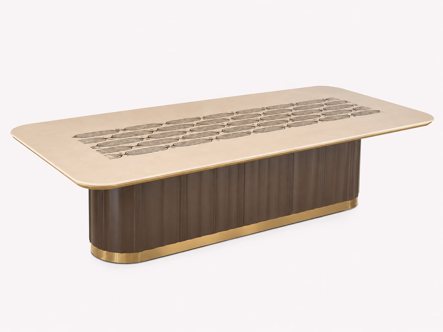 Designatore dining table with a cream natural stone top, a hand-set mother-of-pearl inlay panel down the centre, a vertically fluted solid wood base and a polished brass skirting, shown alone on a white ground.