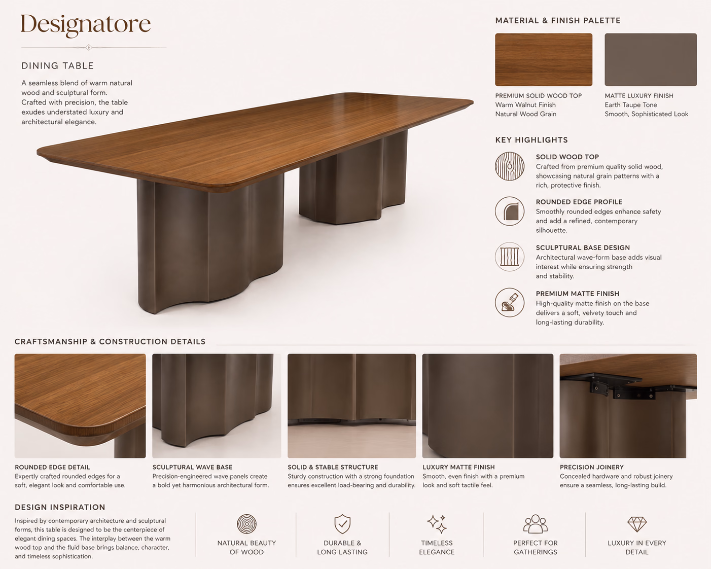 Material and craftsmanship sheet for the Designatore Walnut Wave dining table, showing the warm walnut wood swatch, the earth-taupe matte finish swatch and close-ups of the rounded edge, wave base and concealed joinery.