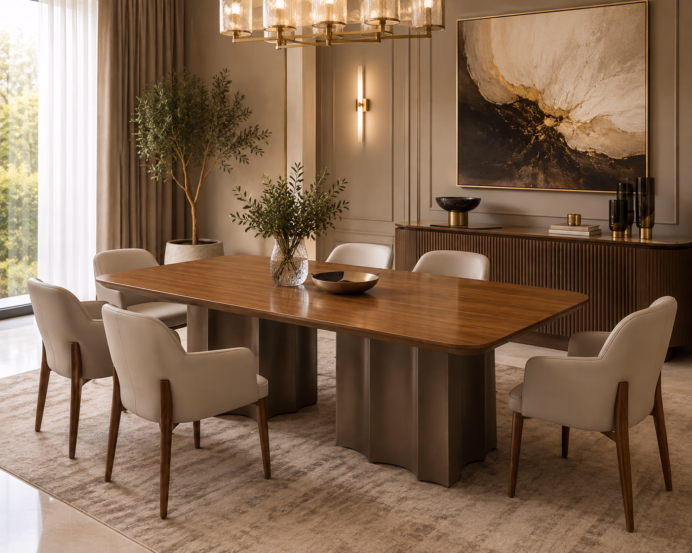 Six taupe leather dining chairs with walnut legs set around a walnut dining table in a luxury dining room, under a brass and glass chandelier beside a fluted walnut sideboard.