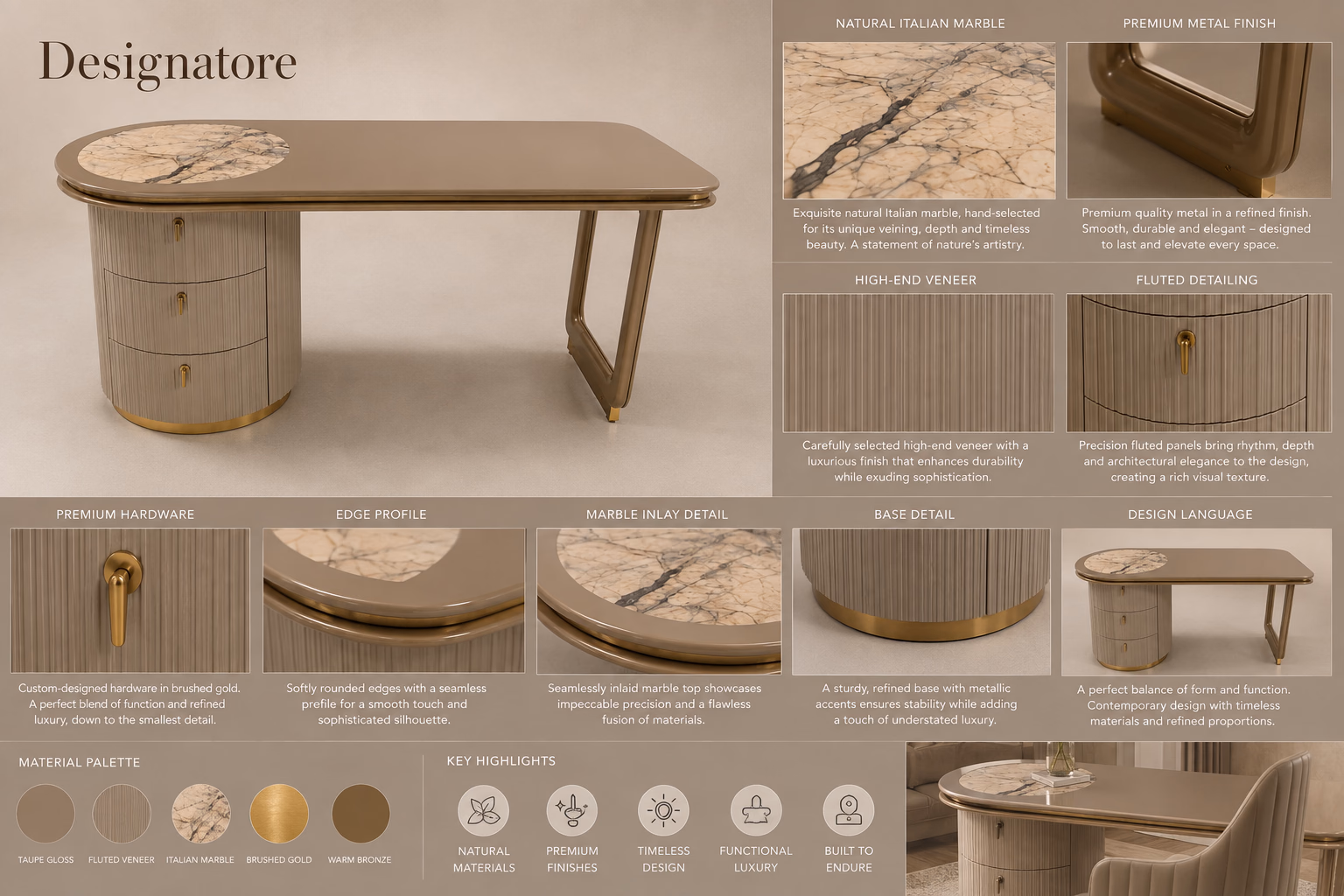 Materials sheet for the Designatore executive director table, showing the natural Italian marble, the premium metal finish, the high-end veneer and the fluted detailing, with close-ups of the brushed gold custom hardware, the rounded edge profile, the marble inlay join and the base ring, plus a taupe gloss, fluted veneer, Italian marble, brushed gold and warm bronze palette.