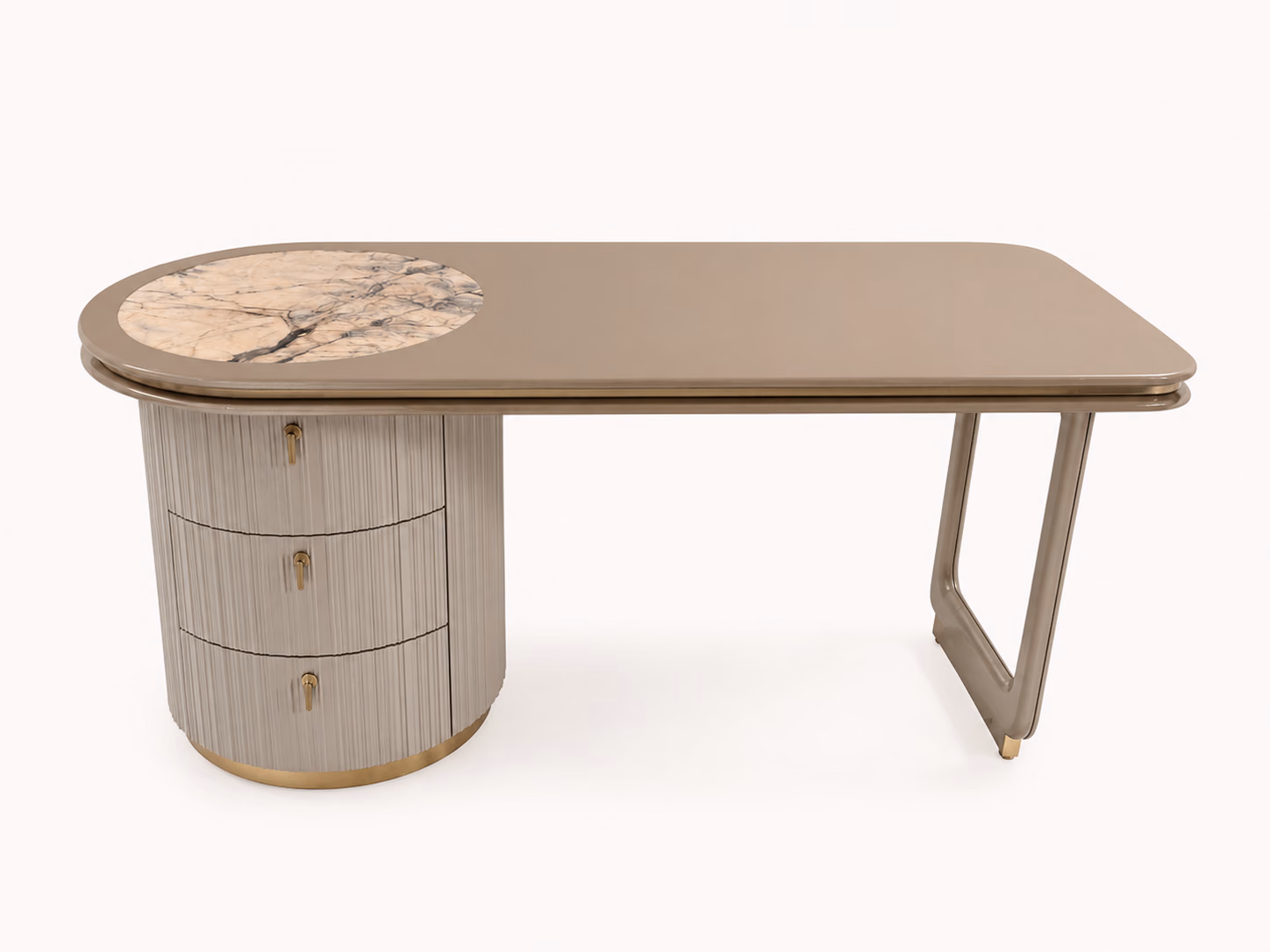 Designatore director table shown alone on a bone ground, with a rounded taupe high-gloss top carrying a circular Italian marble inlay, a fluted three-drawer curved pedestal on a brushed gold ring base and a sculpted bronze open loop leg at the far end.