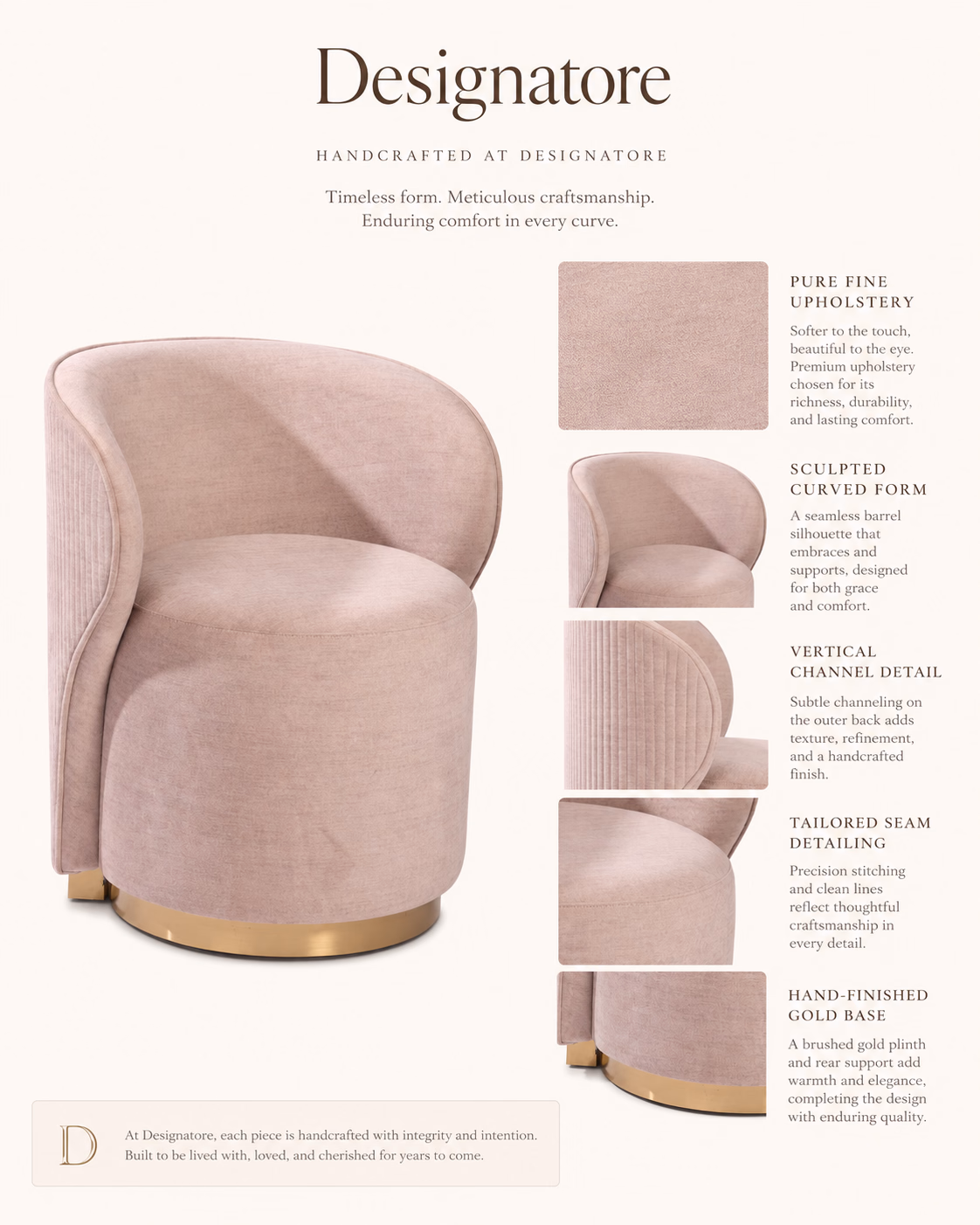 Material sheet for the Designatore blush velvet dressing chair, showing the premium upholstery swatch and the brushed gold base finish, with close-ups of the sculpted barrel form, the vertical channel detail on the outer back, the tailored seam work and the hand-finished gold plinth.