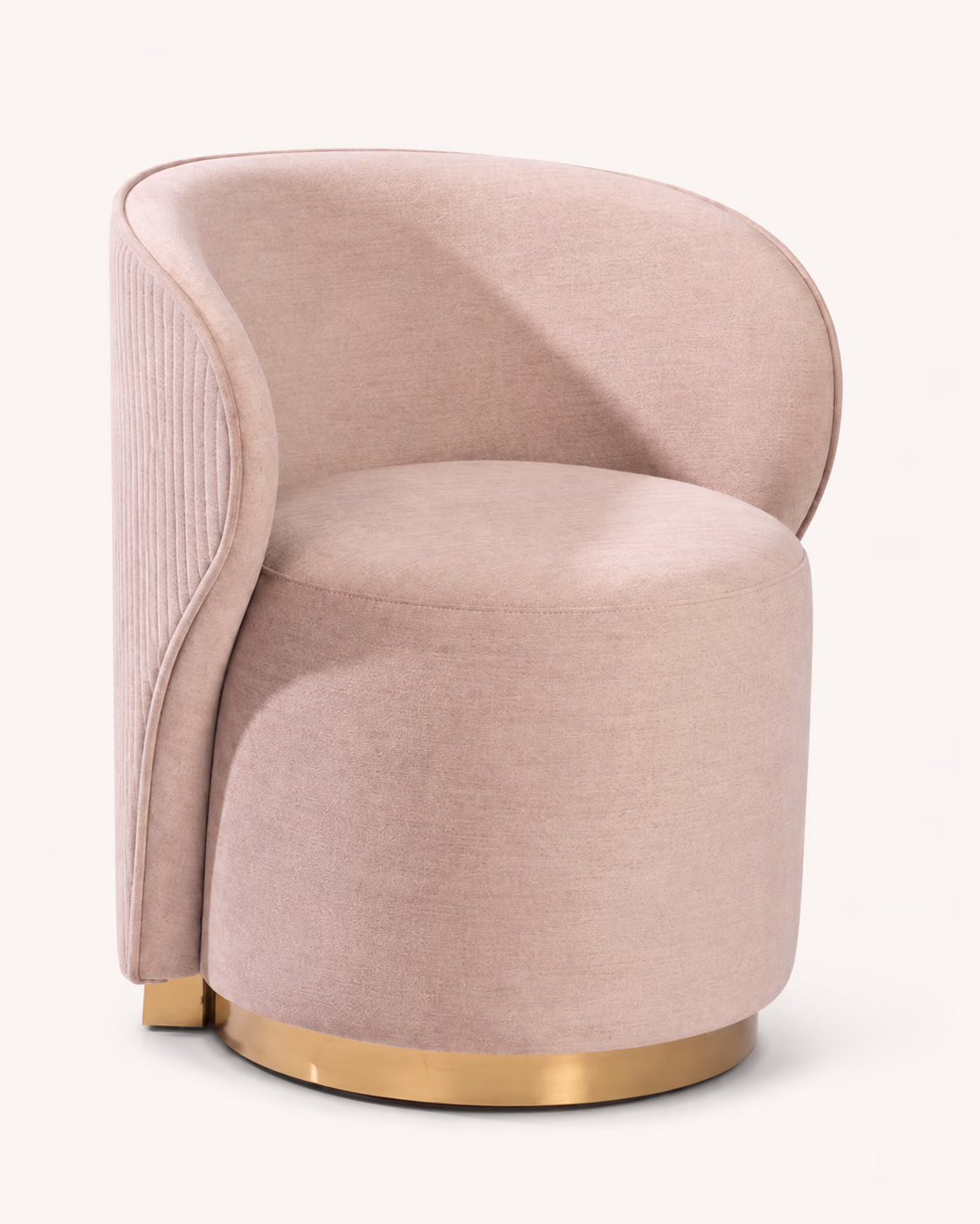 Designatore dressing room chair shown alone on a bone-white ground, upholstered in blush pink velvet with a curved barrel back, vertical channelling down the outer back, a round drum seat and a brushed gold plinth at the floor.