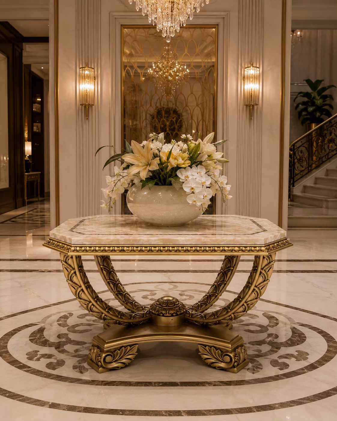 Onyx marble foyer table centred on an inlaid marble floor in a grand entrance hall, holding a large arrangement of white lilies and orchids beneath a crystal chandelier, between fluted pilasters and a curved staircase.