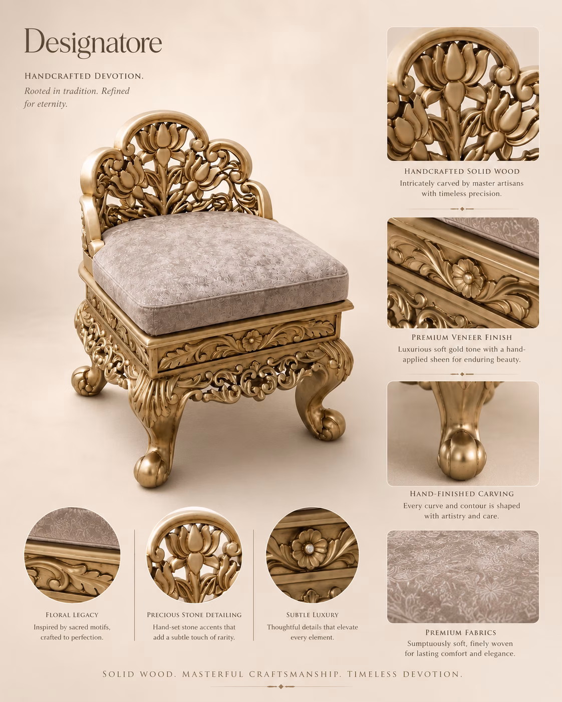 Craftsmanship sheet for the Designatore gold carved pooja chowki chair, showing close-ups of the hand-carved lotus and tulip crest, the premium soft gold veneer finish, the hand-finished ball-and-claw foot, the floral apron carving, the hand-set stone accents and the woven premium seat fabric.
