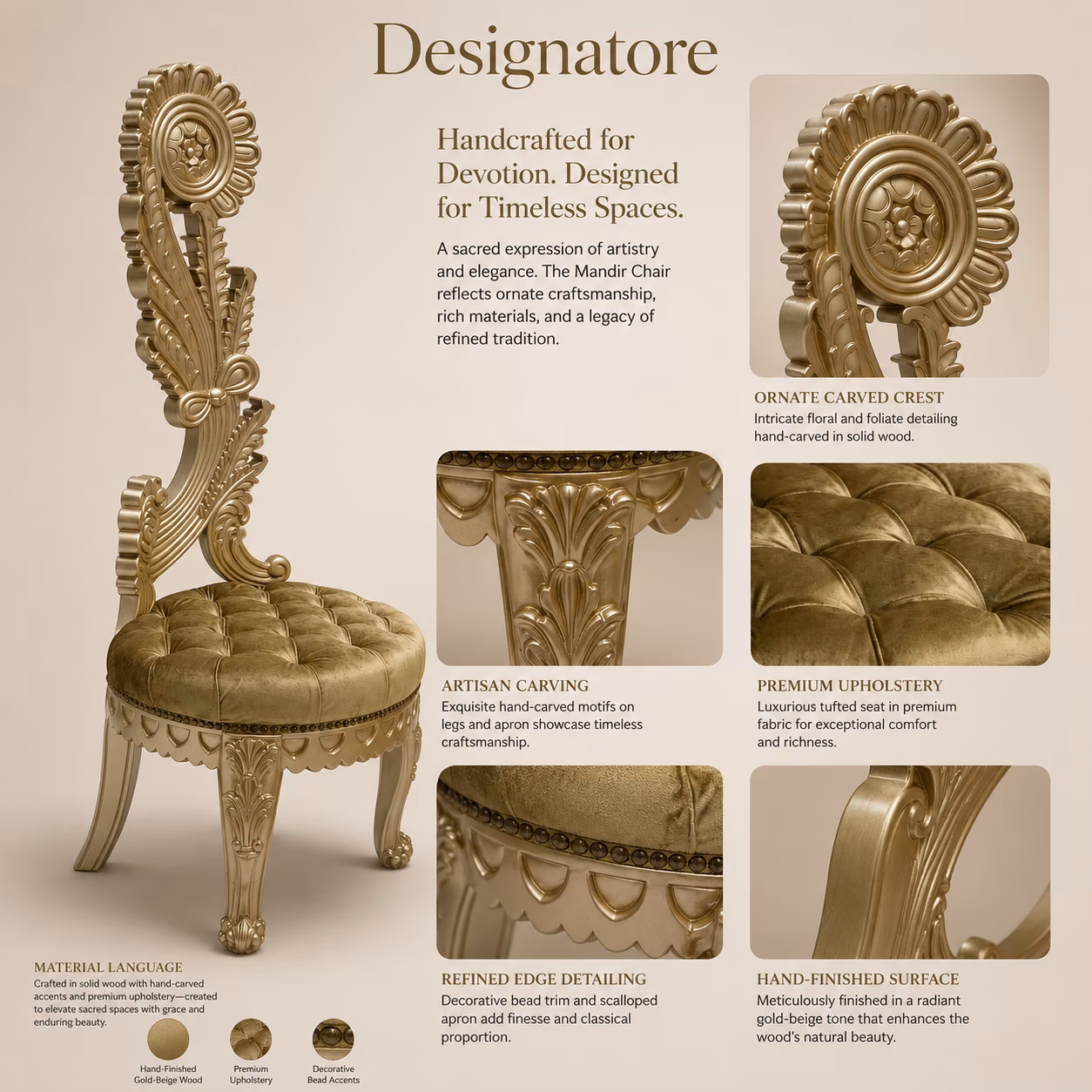 Craftsmanship sheet for the Designatore high back mandir chair, showing the ornate carved crest medallion, the artisan leg and apron carving, the tufted premium upholstery, the decorative bead trim and scalloped apron, and the hand-finished gold-beige wood surface, with swatches for the wood, upholstery and bead accents.