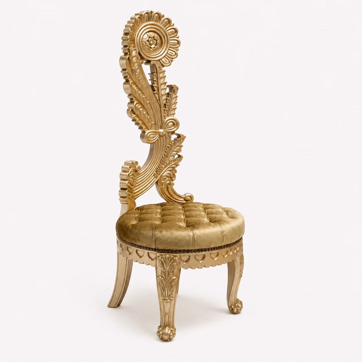 Designatore mandir chair shown alone on a bone ground, with a tall sweeping hand-carved back rising to a rosette medallion in foliate scrollwork, a deep button-tufted round olive velvet seat, a scalloped bead-trimmed apron and carved cabriole legs with ball-and-claw feet, all in a hand-finished gold-beige tone.