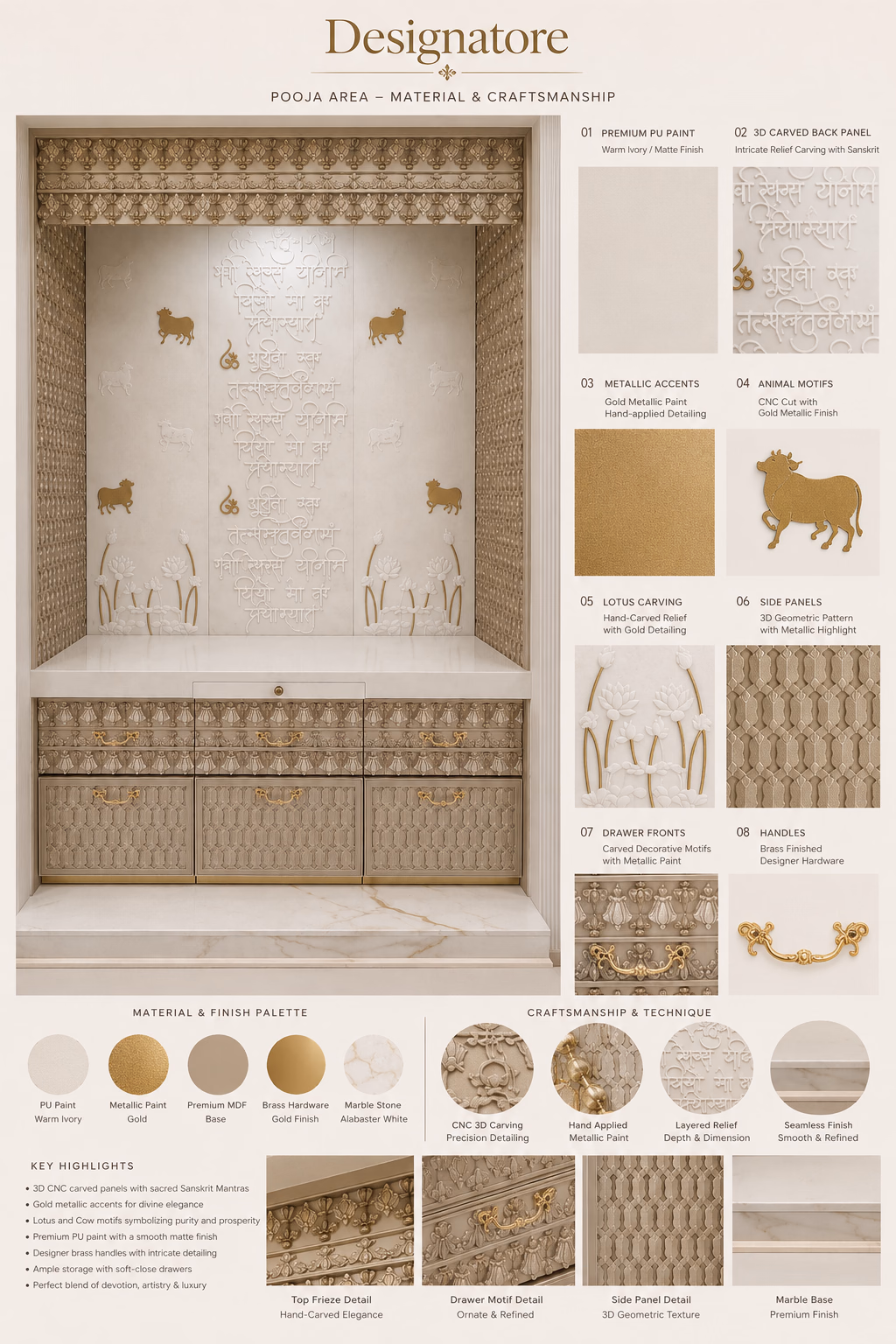 Material and craftsmanship sheet for the Designatore ivory and gold pooja area, numbering the premium warm ivory PU paint, the 3D carved back panel with Sanskrit relief, the hand-applied gold metallic accents, the CNC-cut cow motifs, the hand-carved lotus relief, the 3D geometric side panels, the carved drawer fronts and the brass-finished handles.