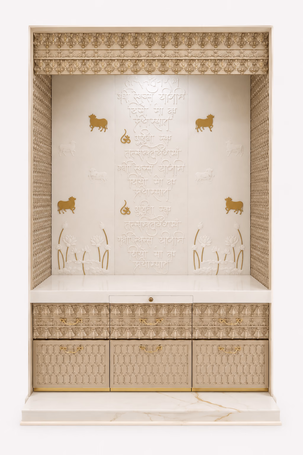 Designatore full-wall pooja unit shown alone, with a 3D CNC-carved back panel bearing a Sanskrit mantra in relief, gold-finished cow and lotus motifs, deep 3D geometric side panels, carved drawer fronts with ornate brass handles and an alabaster white marble base.