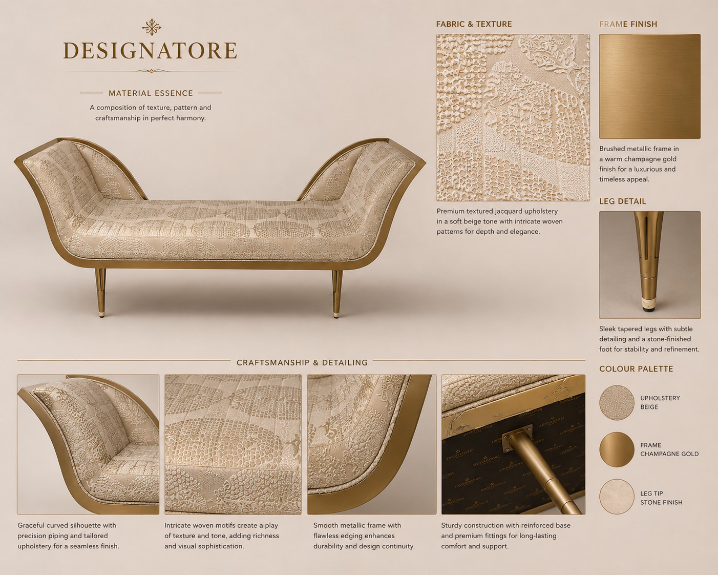 Material essence sheet for the Designatore jacquard chaise bench, showing the textured beige jacquard upholstery, the brushed champagne gold frame finish and the tapered leg detail, with close-ups of the curved silhouette, the woven motifs, the metallic edging and the reinforced base fittings.