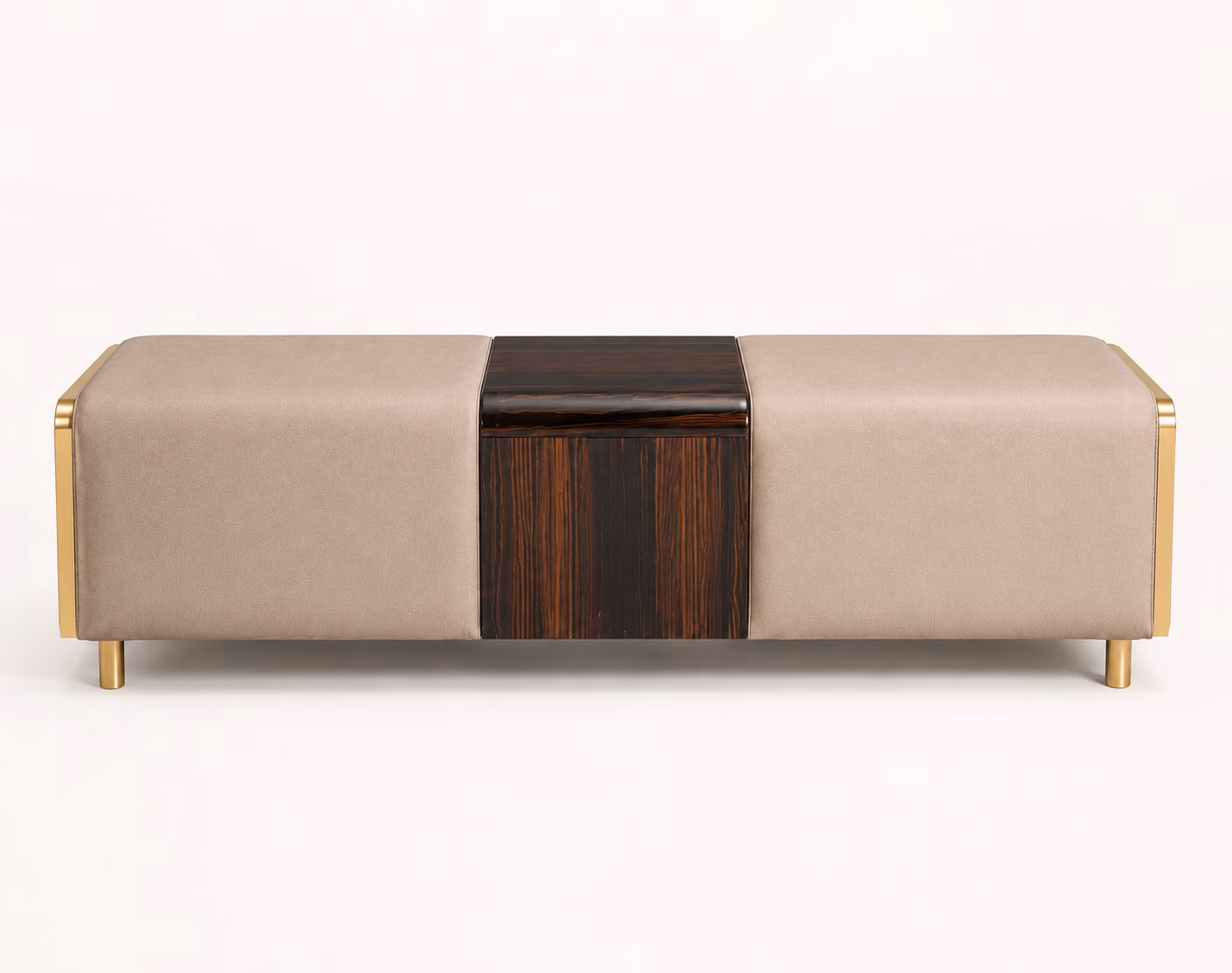 Designatore bench shown alone on a bone ground, with two taupe leather upholstered seat pads separated by a high-gloss ebony veneer centre block, rounded leather-capped ends and short brushed brass legs.