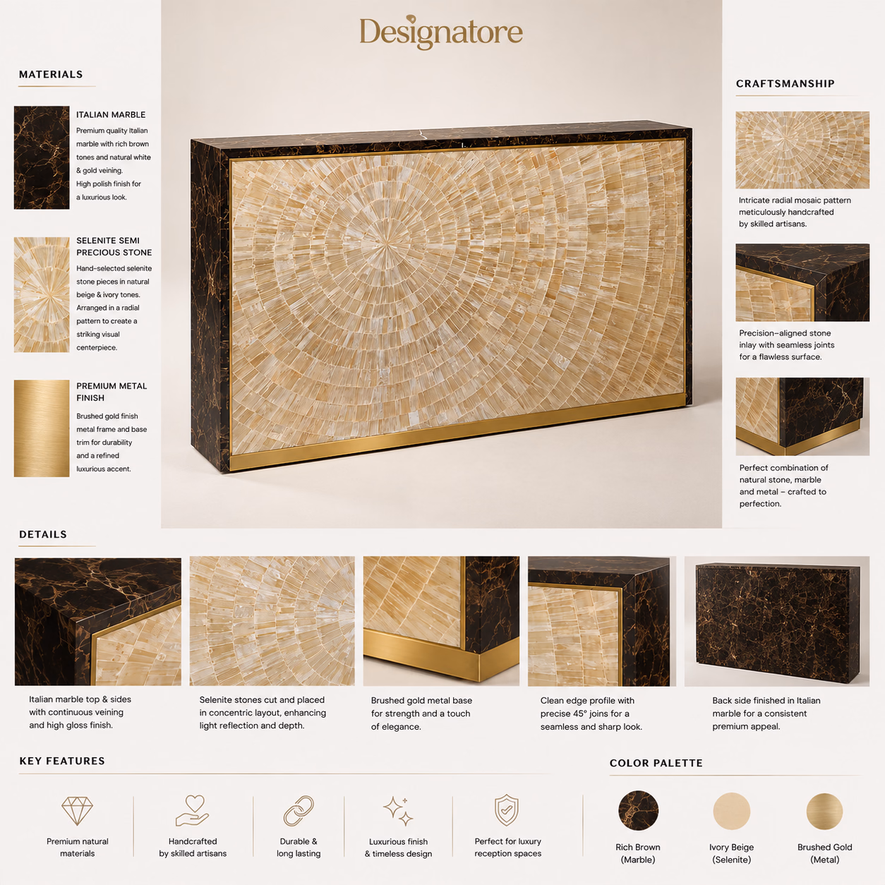 Materials and craftsmanship sheet for the Designatore selenite reception desk, showing the Italian marble in rich brown with gold veining, the hand-selected selenite semi-precious stone in beige and ivory, and the brushed gold metal finish, with close-ups of the radial mosaic, the precision-aligned stone joints, the gold base trim and the 45 degree edge joins.