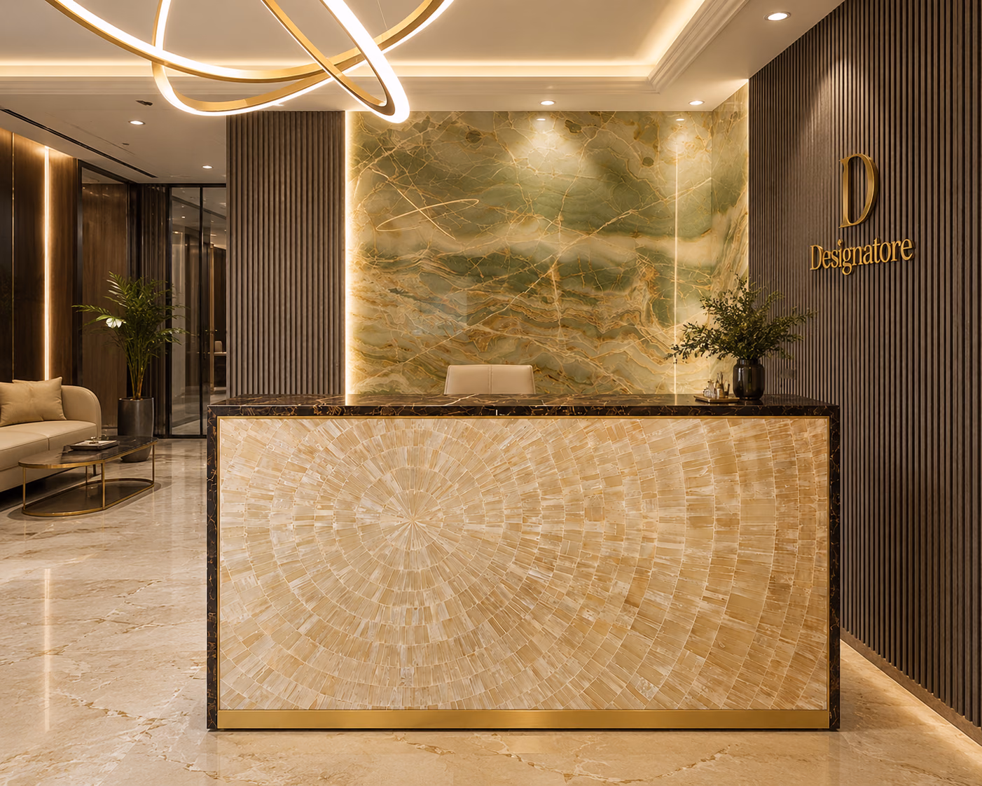 Selenite and marble reception desk installed in a luxury office lobby, its radial stone front lit from above as the focal point of the entrance.