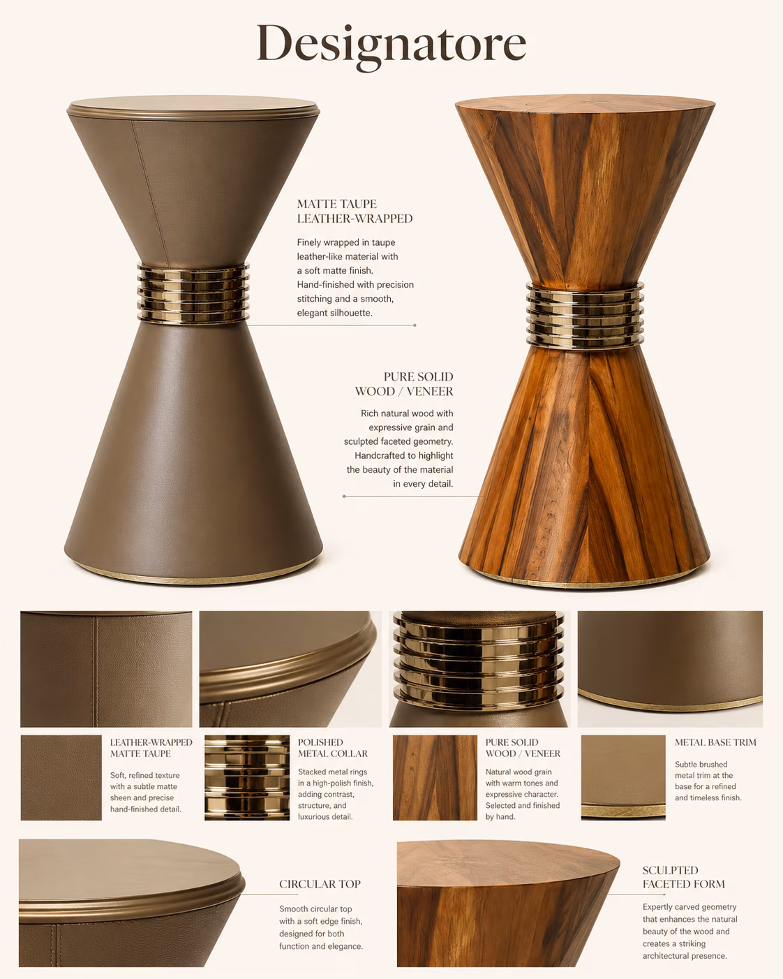 Material sheet for the Designatore hourglass drum side table, showing the matte taupe leather-wrapped finish, the solid wood and veneer finish, and close-ups of the stitched leather seam, the stacked polished metal collar, the circular top edge and the brushed metal base trim.