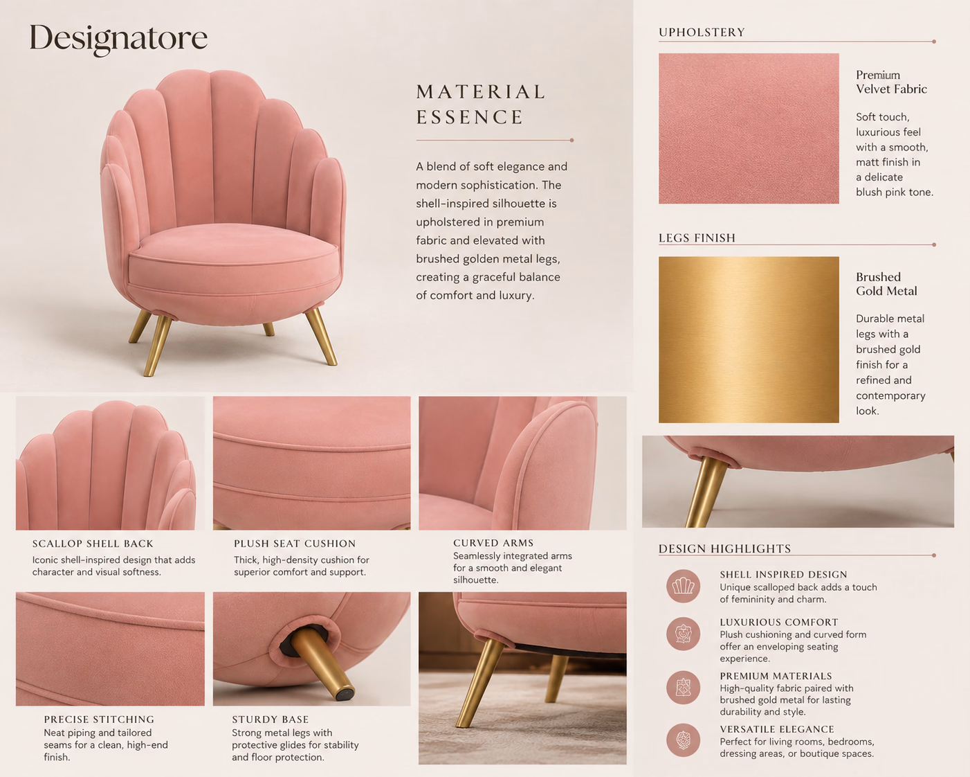 Material essence sheet for the Designatore blush velvet shell chair, showing the premium velvet fabric swatch and the brushed gold metal leg finish, with close-ups of the scallop shell back, the plush seat cushion, the curved arms, the precise piping and the sturdy leg base.