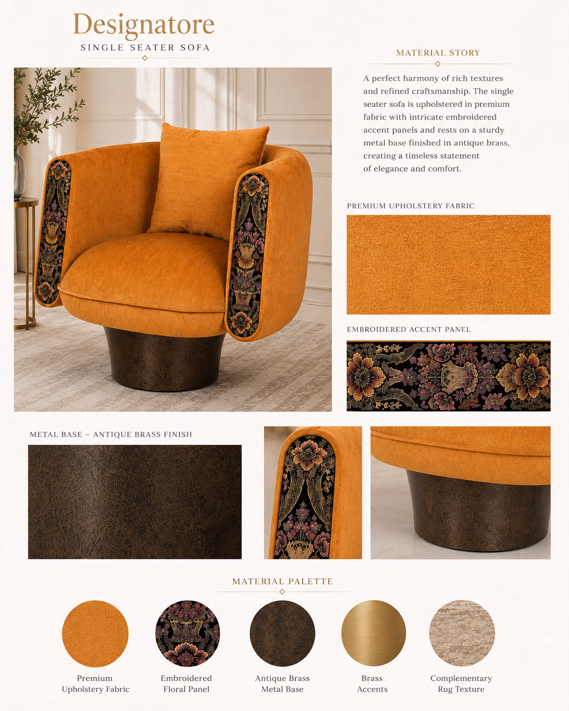 Material story sheet for the Designatore mustard velvet swivel chair, showing the premium orange upholstery fabric, the black embroidered floral accent panel, the antique brass metal base finish and the brass accents, with close-ups of the arm panel and the drum base.