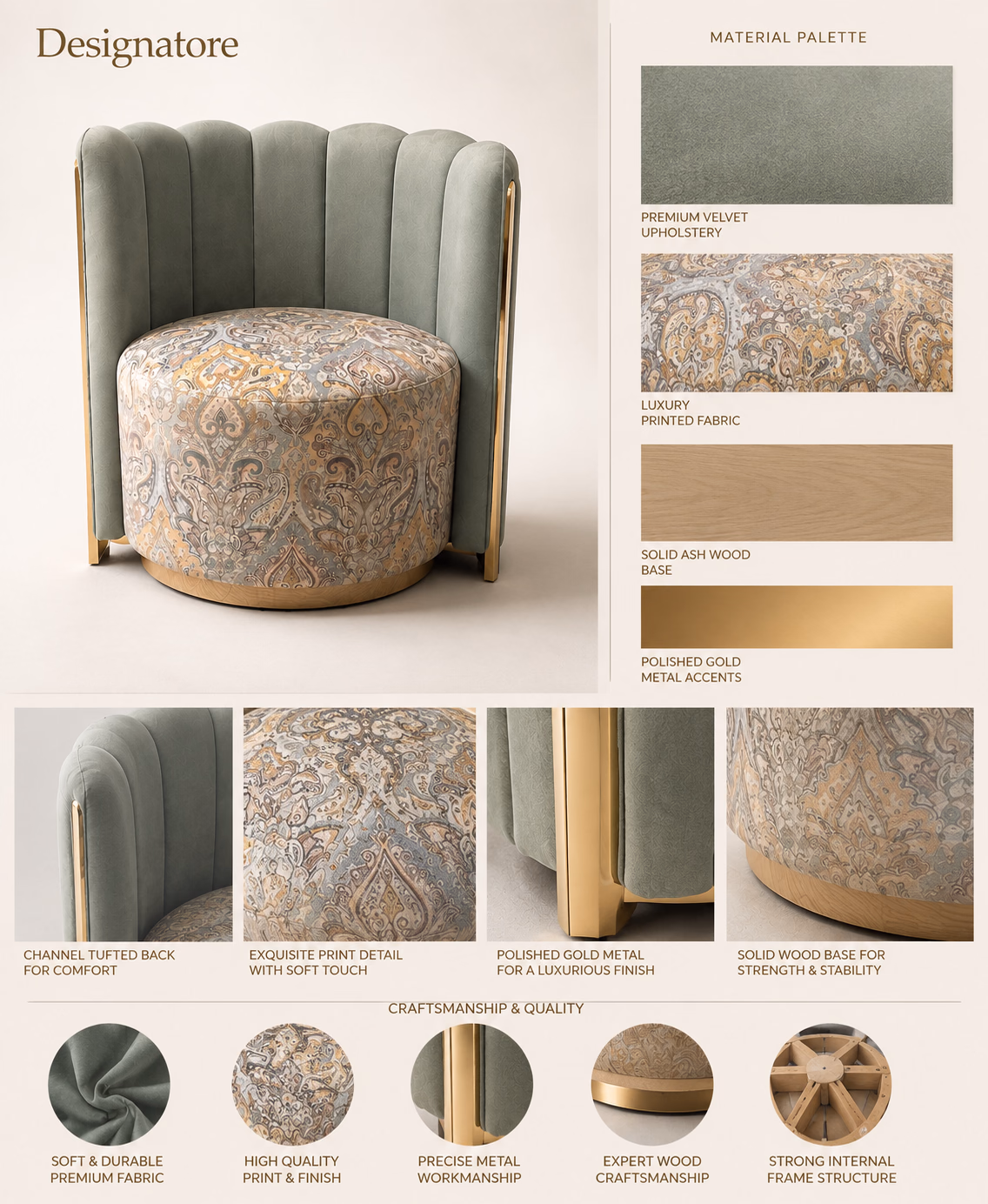 Material palette sheet for the Designatore sage velvet barrel chair, showing the premium velvet upholstery, the luxury paisley printed fabric, the solid ash wood base and the polished gold metal accents, with close-ups of the channel tufted back, the print detail, the metal work and the internal wooden frame.