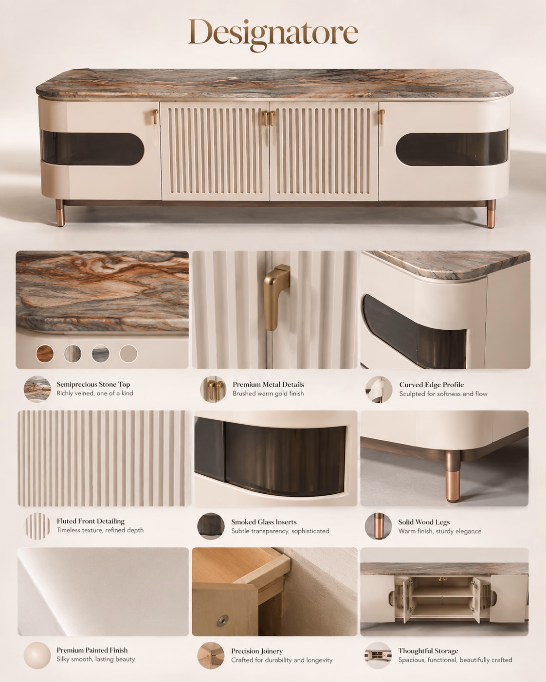 Materials sheet for the Designatore fluted ivory TV unit, showing the semi-precious stone top, the brushed warm gold metal details, the curved edge profile, the fluted front detailing, the smoked glass inserts, the solid wood legs and the premium painted finish, with a view of the open storage inside.