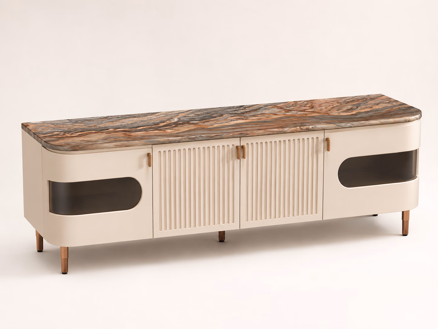 Designatore TV unit shown alone on a bone ground, with a richly veined semi-precious stone top in rust and grey, curved ivory end cabinets set with smoked glass panels, fluted central doors, brushed gold handles and warm copper-tipped solid wood legs.
