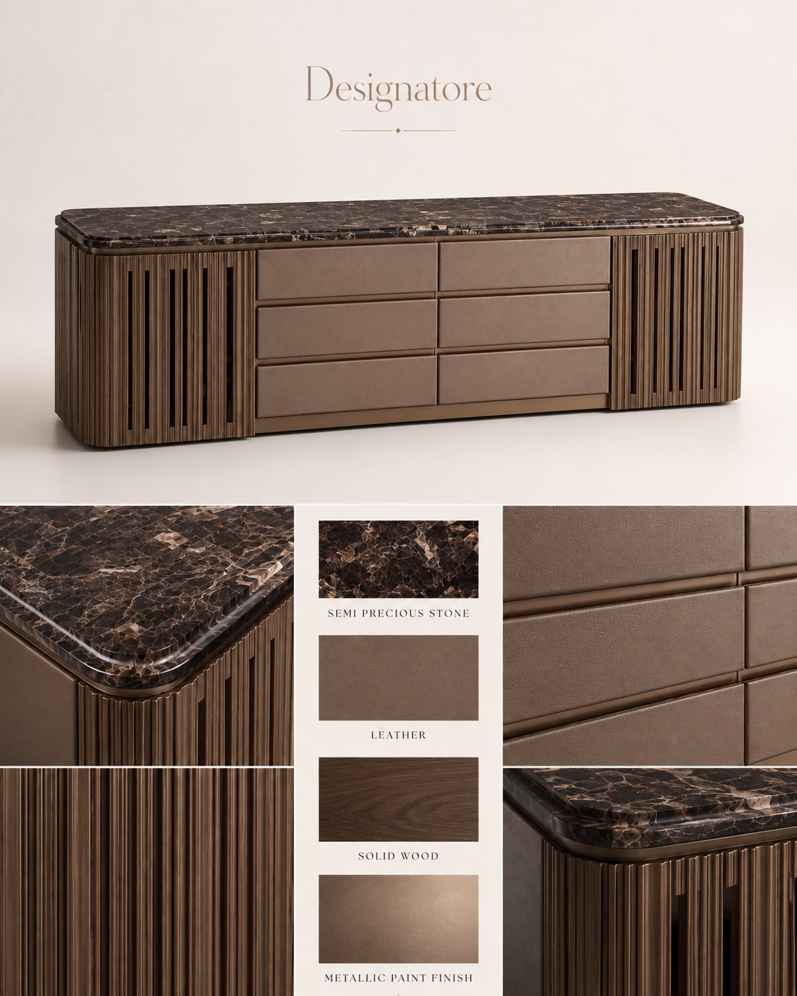 Materials sheet for the Designatore stone and leather TV unit, showing swatches for the semi-precious stone, the leather, the solid wood and the metallic paint finish, with close-ups of the rounded stone edge, the leather drawer fronts and the vertical fluting on the end cabinets.