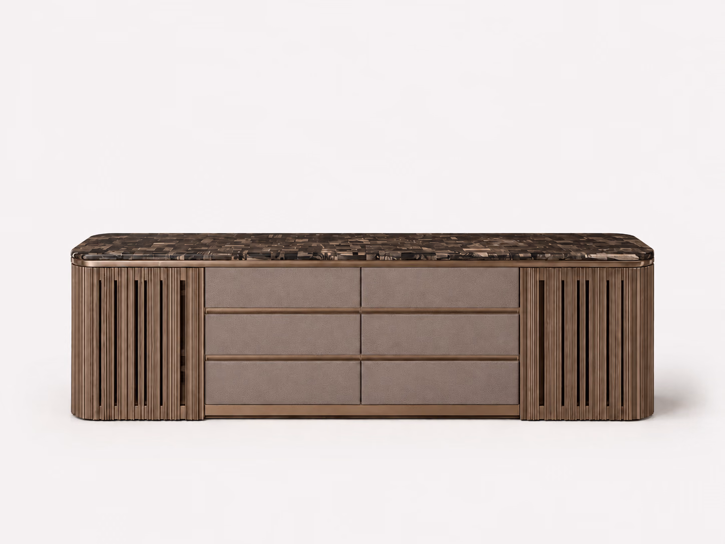 Designatore TV unit shown alone on a bone ground, with a dark brown semi-precious stone top over six taupe leather drawer fronts flanked by fluted solid wood end cabinets in a warm metallic bronze finish.