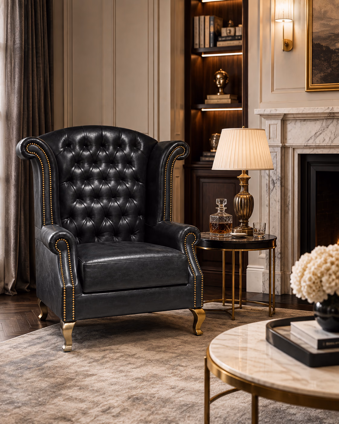 Black tufted leather wing chair placed beside a marble fireplace in a panelled study, next to a round brass side table with a decanter and a lit table lamp.